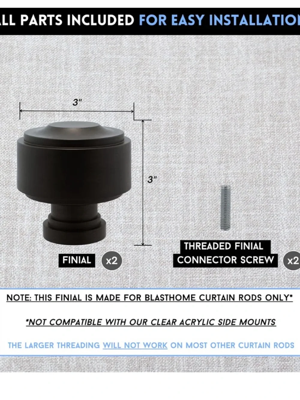 Premium Heavy Metal Drapery Rod Knobs- BRUSHED DARK BROWN